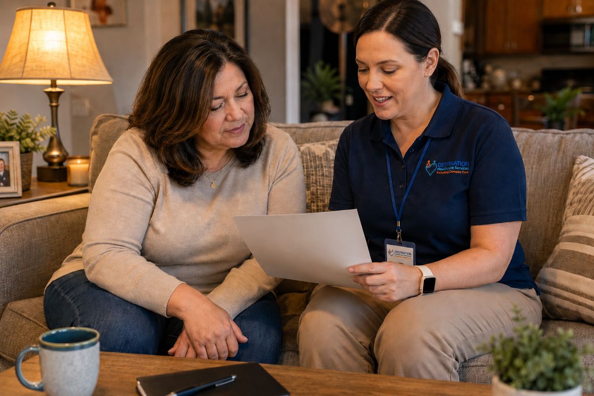 A DHS care coordinator reviews support options with a family member in a comfortable home setting