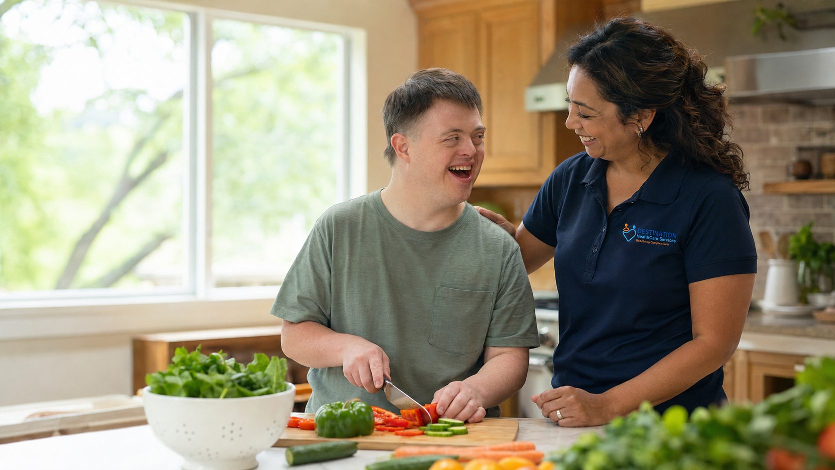 A DHS caregiver and a young man with Down syndrome cooking together in a bright kitchen