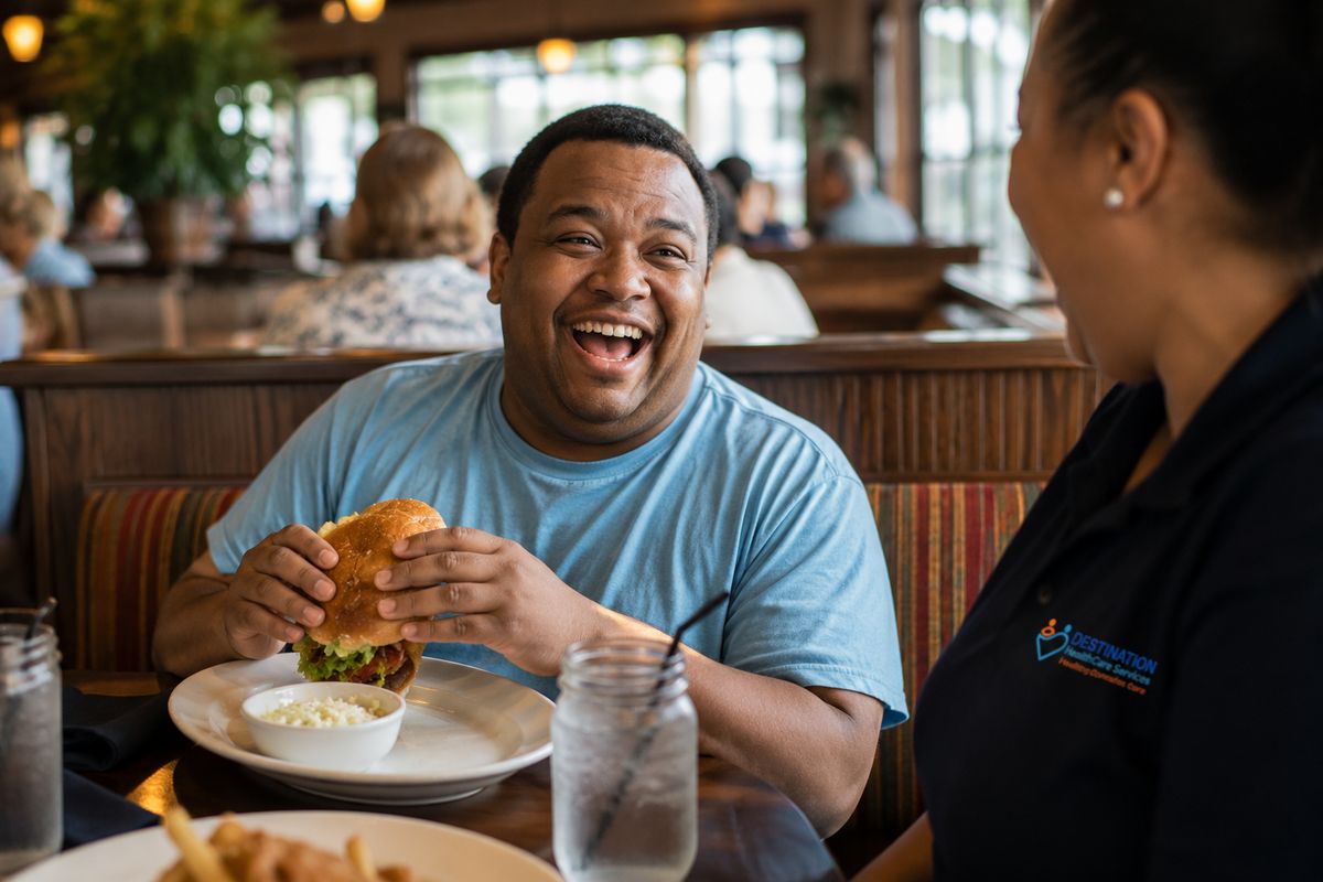 A DHS participant laughing joyfully over a meal at a local restaurant with a DHS caregiver