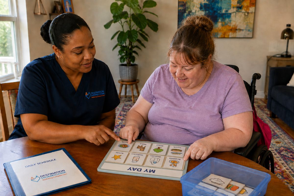 A DHS caregiver helps a person plan their day using a visual schedule board at home