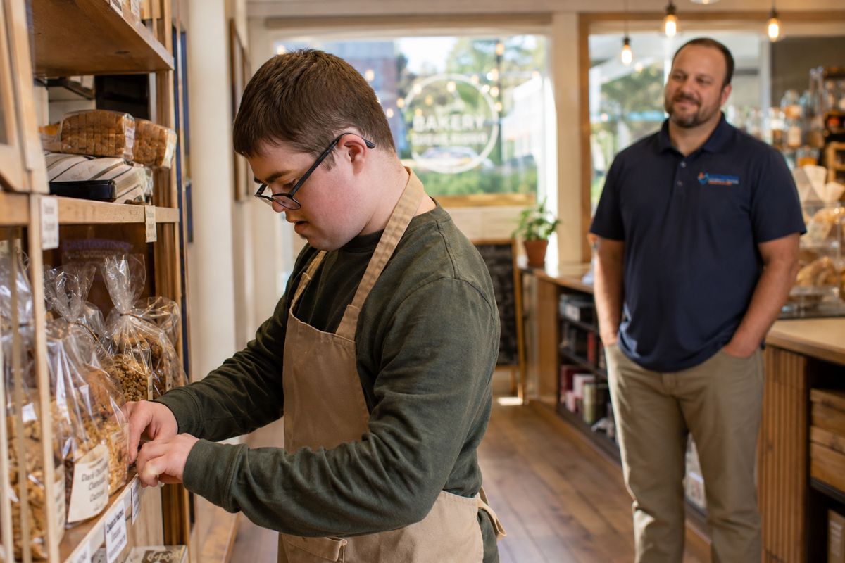 A young man with Down syndrome confidently works in a local bakery while his DHS job coach watches with pride