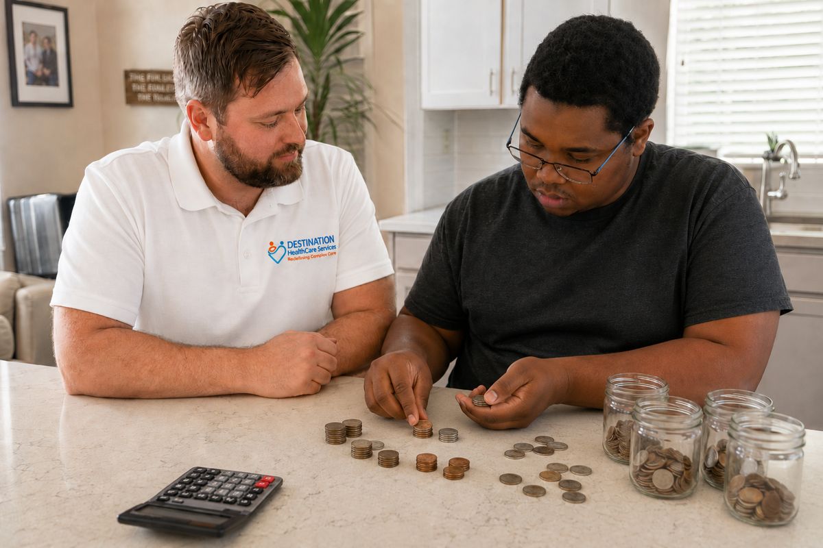 A DHS coach helps a person practice counting and budgeting skills at home