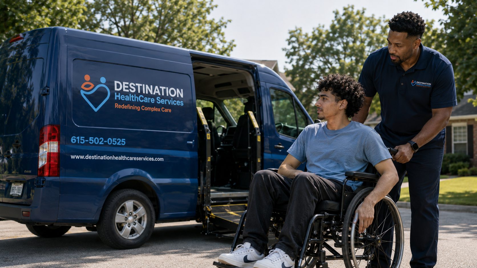 A fully branded DHS accessible van with a caregiver assisting a wheelchair user in a Tennessee neighborhood